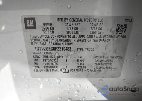 2015 GMC Sierra 1500 Sle из США, поврежденный, VIN 1GTV2UEC0FZ210483